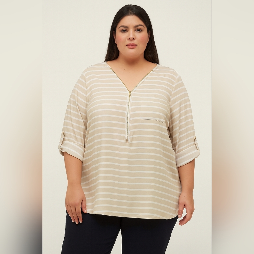 Calvin Klein Plus Size Cream Striped Blouse with Gold Zipper